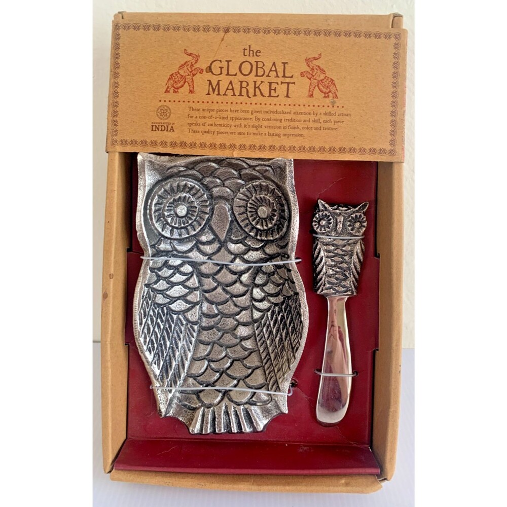 Global Market Cast Metal Owl and Spreader Set Handcrafted in India New in Box